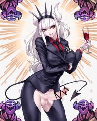 Rule 34 | 1girl, alcohol, arm under breasts, bad id, bad pixiv id, ban! (bansankan), black jacket, black necktie, black pants, black tail, breasts, business suit, censored, collared shirt, cup, demon girl, demon horns, demon tail, drinking glass, erection, formal, futanari, gloves, hair ornament, head tilt, heart, helltaker, highres, holding, holding cup, horns, jacket, large breasts, long hair, long sleeves, looking at viewer, lucifer (helltaker), mole, mole under eye, monster girl, necktie, neckwear request, pants, penis, red eyes, red shirt, shirt, simple background, smile, smirk, solo, suit, tail, testicles, upper body, very long hair, white background, white gloves, white hair, white horns, wine, wine glass