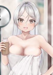 Rule 34 | 1girl, bottle, breasts, brown eyes, collarbone, conte di cavour (kancolle), grey hair, hair down, highres, holding, holding bottle, kantai collection, koru pera, large breasts, long hair, looking at viewer, naked towel, open mouth, smile, solo, towel, upper body