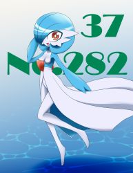 Rule 34 | 1girl, alternate color, blue background, blue hair, blush, breasts, creatures (company), female focus, full body, game freak, gardevoir, gen 3 pokemon, gradient background, hand up, looking at viewer, neichii, nintendo, no nipples, open mouth, pokemon, pokemon (creature), red eyes, shiny pokemon, short hair, simple background, small breasts, smile, solo, standing, text focus