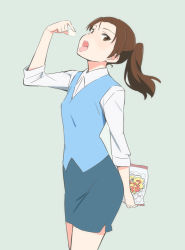 Rule 34 | 10s, 1girl, bag, brown eyes, brown hair, cowboy shot, food, looking at viewer, marshmallow, office lady, ojisan to marshmallow, open mouth, ponytail, satosute, simple background, skirt, solo, tongue, tongue out, vest, wakabayashi iori, yamaguchi satoshi