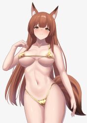 Rule 34 | 1girl, alternate costume, animal ear fluff, animal ears, areola slip, arknights, bakkasu150, bikini, blush, breasts, breasts apart, brown hair, brown tail, closed mouth, collarbone, commentary request, cowboy shot, fox ears, fox girl, fox tail, franka (arknights), grey background, hand up, highres, large breasts, light smile, long hair, looking at viewer, navel, simple background, solo, split mouth, standing, swimsuit, tail, yellow bikini, yellow eyes