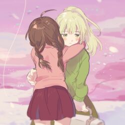Rule 34 | 2girls, blonde hair, blush, braid, brown hair, closed mouth, facing away, green eyes, green skirt, green sweater, highres, holding, holding suitcase, hug, iovebly, long hair, long sleeves, looking to the side, madotsuki, multiple girls, outdoors, pink background, pink sweater, pleated skirt, poniko, ponytail, red skirt, skirt, snow, standing, suitcase, sweater, twin braids, water, yume nikki