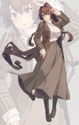 Rule 34 | 1girl, absurdres, artist name, blush, boots, breasts, brown coat, brown eyes, brown footwear, brown hair, brown skirt, cherry blossoms, closed mouth, coat, flower, full body, hair between eyes, hair flower, hair ornament, highres, himeyamato, kantai collection, large breasts, long hair, long sleeves, multiple views, open clothes, open coat, petals, pink flower, ponytail, ribbed sweater, signature, skirt, smile, sweater, turtleneck, turtleneck sweater, very long hair, white sweater, yamato (kancolle), zoom layer
