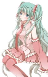 Rule 34 | 1girl, aqua eyes, bad id, bad pixiv id, detached sleeves, green hair, hair ribbon, hatsune miku, highres, hiro (hirohiro31), long hair, necktie, pink thighhighs, ribbon, simple background, sitting, skirt, smile, solo, thighhighs, twintails, very long hair, vocaloid, white background