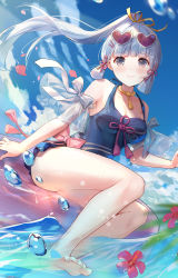 Rule 34 | 1girl, armlet, ass, ayaka (genshin impact), bare legs, bare shoulders, barefoot, beach, blue eyes, blue one-piece swimsuit, blue sky, blunt bangs, blush, breasts, bubble, choker, cleavage, closed mouth, cloud, cloudy sky, collarbone, commentary, day, english commentary, eyebrows, eyewear on head, feet, flower, frilled swimsuit, frills, full body, genshin impact, hair ornament, hairclip, head tilt, heart, heart-shaped eyewear, highres, innertube, kita (kitairoha), leaf, looking at viewer, medium breasts, ocean, one-piece swimsuit, ponytail, red flower, ribbon, sitting, sky, smile, solo, sunglasses, swim ring, swimsuit, thighs, toes, water, white hair, white ribbon, yellow choker