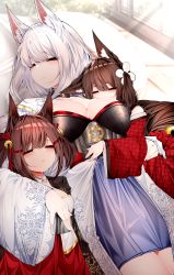 Rule 34 | 3girls, absurdres, akagi-chan (azur lane), amagi-chan (azur lane), animal ears, azur lane, bell, blunt bangs, blurry, bow, breasts, brown hair, cleavage, collarbone, commentary request, depth of field, detached collar, eyeshadow, fox ears, fox girl, fox tail, futon, hair bell, hair between eyes, hair bow, hair ornament, hair ribbon, highres, hug, japanese clothes, kaga (azur lane), kitsune, kyuubi, light rays, long hair, lying, makeup, multiple girls, multiple tails, parted lips, pillow, ribbon, rope, samip, shimenawa, short hair, sidelocks, sleeping, tail, twintails, white hair, wide sleeves, window