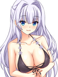 Rule 34 | 1girl, 9-nine-, arms under breasts, bare arms, bare shoulders, bikini, black bikini, blue eyes, blunt bangs, blush, breasts, collarbone, commentary request, eyes visible through hair, flower, front-tie bikini top, front-tie top, hair intakes, halterneck, highres, kousaka haruka, large breasts, long hair, looking at viewer, open mouth, purple flower, purple hair, shiny skin, simple background, smile, solo, straight hair, swimsuit, tamba i, tsurime, upper body, very long hair, white background