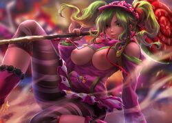 Rule 34 | 1girl, absurdres, bare shoulders, blurry, blurry background, breasts, breasts out, candy, depth of field, detached sleeves, earrings, female focus, food, fortnite, green eyes, green hair, highres, hood, jewelry, large breasts, lollipop, looking at viewer, medium breasts, nipples, no bra, open mouth, parted lips, pink skirt, rachta lin, short hair, short twintails, skirt, smile, solo, solo focus, star (symbol), star earrings, tagme, teeth, thighhighs, twintails, upper teeth only, zoey (fortnite)