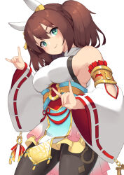 Rule 34 | 1girl, animal ears, aqua eyes, bare shoulders, black pantyhose, breasts, brown hair, cleavage, closed mouth, commentary, cowboy shot, detached sleeves, double fox shadow puppet, fox shadow puppet, hair between eyes, hair ornament, highres, horse ears, horse girl, inari one (fields of gold) (umamusume), inari one (umamusume), large breasts, long hair, long sleeves, looking at viewer, official alternate costume, pantyhose, sawara noa, shirt, sideboob, sleeveless, sleeveless shirt, smile, solo, symbol-only commentary, twintails, umamusume, v-shaped eyebrows, white background, wide sleeves