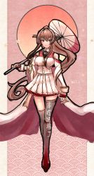 Rule 34 | 1girl, absurdres, asymmetrical legwear, black footwear, boots, breasts, brown eyes, brown hair, cherry blossoms, clothes writing, clothing cutout, coat, coat on shoulders, collar, full body, gradient footwear, gradient legwear, hair intakes, headgear, highres, holding, holding shell, holding umbrella, kantai collection, knee boots, large breasts, long hair, long sleeves, metal collar, oil-paper umbrella, pleated skirt, ponytail, red footwear, red umbrella, sakuramon, shell, shoulder cutout, sidelocks, single knee boot, single thigh boot, skirt, sleeveless, sleeveless coat, solo, standing, thigh boots, thigh strap, turret, umbrella, very long hair, white coat, white skirt, white umbrella, wss (nicoseiga19993411), yamato (kancolle), yamato kai ni (kancolle)