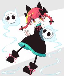 Rule 34 | 1girl, :3, animal ears, asameshi, black bow, black dress, black footwear, blunt bangs, boots, bow, cat ears, closed mouth, commentary, dress, full body, hair bow, highres, hitodama, holding, holding skull, kaenbyou rin, long hair, looking at viewer, red eyes, red hair, red ribbon, ribbon, skull, sleeveless, sleeveless dress, solo, touhou, twintails, whiskers