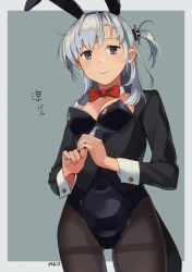 Rule 34 | 1girl, alternate costume, animal ears, bad id, bad pixiv id, black leotard, black pantyhose, blush, bow, bowtie, breasts, fake animal ears, grey background, grey eyes, hair ornament, hairclip, kantai collection, leotard, long sleeves, makio (makiomeigenbot), medium breasts, one side up, pants, pantyhose, playboy bunny, rabbit ears, red bow, red bowtie, signature, silver hair, simple background, smile, solo, suzutsuki (kancolle), thighband pantyhose, two-tone background, wrist cuffs
