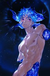 Rule 34 | 1boy, amputee, arsh (thestarwish), blue eyes, blue hair, blue horns, completely nude, cracked skin, english text, glint, glowing, glowing hair, glowing horns, halo, highres, horns, looking at viewer, male focus, missing limb, multicolored eyes, multiple horns, no arms, nude, original, pectorals, red eyes, short hair, sky, solo, star (sky), starry sky, toned, toned male, upper body