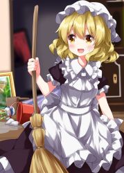 Rule 34 | 1girl, :d, apron, ascot, black dress, blonde hair, bow, broom, bucket, cleaning maid (touhou), clock, collared dress, commentary request, dress, frilled apron, frilled dress, frills, grandfather clock, highres, holding, holding broom, maid apron, medium hair, open mouth, portrait (object), portrait of exotic girls, puffy short sleeves, puffy sleeves, ruu (tksymkw), short sleeves, smile, solo, sweatdrop, touhou, waist bow, water, white apron, white ascot, white bow, yellow eyes