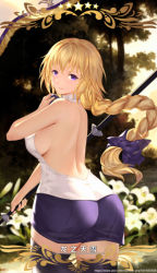 Rule 34 | 1girl, ass, back, bare shoulders, blonde hair, braid, breasts, butt crack, cangkong, fate/apocrypha, fate/grand order, fate (series), flower, hair ribbon, halterneck, highres, jeanne d&#039;arc (fate), jeanne d&#039;arc (girl from orleans) (fate), jeanne d&#039;arc (ruler) (fate), large breasts, lily (flower), long hair, looking at viewer, looking back, low-tied long hair, miniskirt, purple eyes, ribbon, sideboob, single braid, skirt, solo, thighhighs
