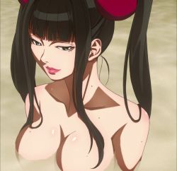 Rule 34 | 10s, 1girl, black hair, blue eyes, breasts, fuuun ishin dai shogun, highres, houkouin, large breasts, lipstick, long hair, makeup, nude, onsen, screencap, smile, solo, stitched, third-party edit, twintails, water, wet