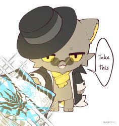 Rule 34 | 1boy, absurdres, animal ears, arknights, artist name, black coat, black headwear, cat boy, cat ears, chibi, coat, colored sclera, commentary, english commentary, english text, fins, fish tail, furry, furry male, highres, holding, holding money, kimchi15922858, lee (arknights), looking at viewer, lungmen dollar, male focus, money, open mouth, round eyewear, scarf, speech bubble, tail, white background, yellow scarf, yellow sclera