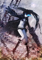 10s 1girl absurdres arm_cannon baraen bikini bikini_top_only black_bikini black_hair black_rock_shooter black_rock_shooter_(character) blue_eyes boots chain female_focus full_body gloves glowing glowing_eyes highres jacket long_hair navel shorts solo swimsuit twintails very_long_hair weapon