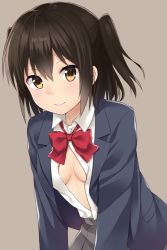 Rule 34 | 10s, 1girl, alternate costume, black hair, blazer, blush, bow, bowtie, breasts, brown eyes, brown hair, collared shirt, grey background, grey skirt, hair between eyes, jacket, kantai collection, leaning forward, long sleeves, looking at viewer, no bra, open clothes, open shirt, pleated skirt, red bow, red bowtie, school uniform, sendai (kancolle), shirt, simple background, skirt, small breasts, smile, solo, two side up, white shirt, yuzuttan
