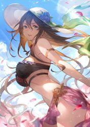Rule 34 | 1girl, armlet, bikini, black bikini, blue eyes, blue sky, breasts, brown hair, cloud, cloudy sky, contrapposto, cowboy shot, day, dutch angle, flower, from side, granblue fantasy, hair between eyes, hat, hat flower, highres, kakage, long hair, looking at viewer, medium breasts, outdoors, parted lips, petals, rosetta (granblue fantasy), rosetta (summer) (granblue fantasy), sarong, sidelocks, sky, smile, solo, standing, sun hat, sunlight, swimsuit, very long hair