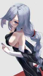Rule 34 | 1girl, absurdres, backless dress, backless outfit, bare shoulders, black dress, blue eyes, blue nails, blush, braid, breasts, bridal gauntlets, dress, dutch angle, elbow gloves, from side, genshin impact, gloves, grey background, grey hair, hair over one eye, highres, katagirinanoka, kuji-in, large breasts, long dress, long hair, looking to the side, low-tied long hair, nail polish, shenhe (genshin impact), sideboob, sidelocks, single braid, solo, white gloves