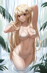 Rule 34 | 1girl, absurdres, arm up, armpits, arms behind head, bare arms, bare shoulders, bikini, blonde hair, breasts, cleavage, collarbone, commission, cream (cream), crown hair ornament, hair ornament, hairclip, halterneck, hand up, highleg, highleg bikini, highres, holding, holding hair, large breasts, leaf, long hair, looking at viewer, mole, mole under eye, multi-strapped bikini, navel, original, parted lips, red eyes, second-party source, solo, standing, stomach, string bikini, swimsuit, thighs, very long hair, wading, water, waterfall, wet, white bikini