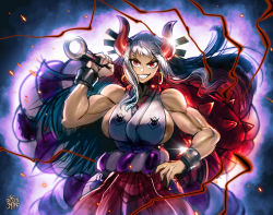 Rule 34 | 1girl, bare shoulders, black background, bracelet, breasts, club, club (weapon), colorized, earrings, gradient background, grin, hand on own hip, highres, hoop earrings, horns, japanese clothes, jewelry, kanabou, large breasts, long hair, looking at viewer, mace, muscular, muscular female, one piece, red eyes, sideboob, sidelocks, smile, solo, the golden smurf, upper body, very long hair, weapon, yamato (one piece)