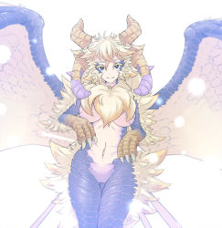 Rule 34 | 1girl, black eyes, blonde hair, breasts, claws, closed mouth, cowboy shot, crossed bangs, dragon girl, dragon horns, dragon wings, dunceneygak, eyelashes, fewer digits, fur collar, hair between eyes, head tilt, highres, horns, large breasts, looking at viewer, monster girl, monster hunter (series), monster hunter stories, multiple horns, navel, neck fur, nude, personification, pussy, scales, slit pupils, smile, solo, spread wings, standing, thigh gap, versa nowa, wings