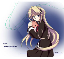 Rule 34 | 1girl, :d, artist request, black dress, black serafuku, blonde hair, blue eyes, creature, dress, from side, holding, long hair, long sleeves, looking at viewer, looking to the side, open mouth, pleated dress, quiz magic academy, school uniform, serafuku, shalon, sharon, smile, solo, very long hair