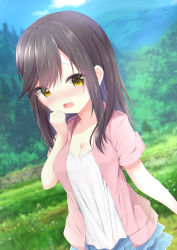 Rule 34 | 1girl, black hair, blue skirt, blue sky, blurry, blurry background, blush, breasts, brown eyes, cleavage, cloud, collarbone, commentary request, day, depth of field, dutch angle, hair between eyes, hand up, highres, ichijou hotaru, jacket, kouda suzu, layered skirt, long hair, medium breasts, non non biyori, nose blush, open clothes, open jacket, open mouth, outdoors, pink jacket, shirt, short sleeves, skirt, sky, solo, standing, white shirt