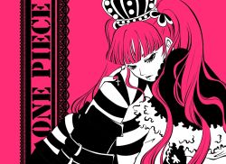 Rule 34 | 1girl, capelet, copyright name, crown, female focus, fur trim, knees to chest, long hair, long sleeves, one piece, patterned legwear, perona, pink hair, pink theme, rien (sonidori), short cape, solo, striped legwear, twintails, two-tone stripes