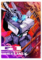 Rule 34 | 1boy, aprostudioluque, autobot, battle, blue eyes, character name, commentary, cybertron, damaged, debris, dirty, emblem, energy cannon, energy gun, english commentary, english text, explosion, glowing, gun, handgun, ink (medium), lights, mecha, official art, promotional art, ray gun, robot, ruins, science fiction, shoulder cannon, signature, smoke, traditional media, transformers, weapon, wheeljack