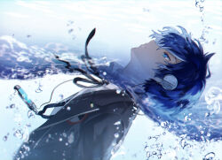 Rule 34 | 1boy, blue eyes, blue hair, bubble, collared shirt, digital media player, expressionless, floating clothes, floating hair, from side, gekkoukan high school uniform, grey jacket, grey ribbon, headphones, jacket, long hair, male focus, neck ribbon, parted lips, partially submerged, partially underwater shot, persona, persona 3, ribbon, school uniform, shirt, short hair, simple background, solo, tsukitaka, very long hair, water, white shirt, wing collar, yuuki makoto (persona 3)