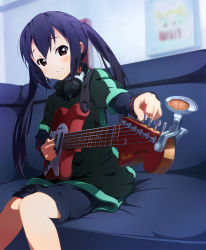 Rule 34 | 1girl, black hair, blush, brown eyes, bun150, casual, couch, electric guitar, fender (company), fender mustang, foreshortening, guitar, headphones, headphones around neck, instrument, k-on!, long hair, nakano azusa, shorts, sitting, smile, solo, sony, twintails
