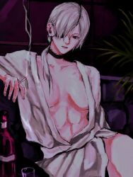 Rule 34 | 1girl, abs, bottle, chainsaw man, cigarette, eyepatch, glass, highres, holding, holding cigarette, mon star200cc, open clothes, open robe, ponytail, quanxi (chainsaw man), robe, smoking, solo, white hair, white robe
