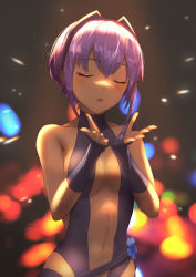 Rule 34 | 1girl, announ (kurotya), black gloves, black leotard, blowing kiss, blurry, blurry background, blush, breasts, center opening, commentary request, dark-skinned female, dark skin, closed eyes, fate/grand order, fate/prototype, fate/prototype: fragments of blue and silver, fate (series), fingerless gloves, gloves, hassan of serenity (fate), highres, leotard, medium breasts, navel, purple hair, short hair, solo, triangle mouth, upper body