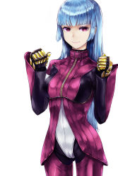 Rule 34 | 1girl, blue hair, blunt bangs, breasts, chaps, clenched hands, cropped jacket, gauntlets, jacket, kula diamond, kurou (bcrow), large breasts, long hair, long sleeves, looking at viewer, purple eyes, simple background, solo, the king of fighters, white background