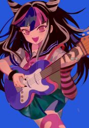 1girl black_hair black_sailor_collar blue_background blue_hair blue_skirt danganronpa_(series) danganronpa_2:_goodbye_despair elbow_gloves eyelashes fang gloves guitar hair_horns highres holding holding_guitar holding_instrument instrument jewelry long_hair mioda_ibuki mouth_piercing multicolored_hair nail_polish neckerchief open_mouth pink_eyes pink_gloves pink_hair pink_neckerchief ring ruuu_ran_ran sailor_collar school_uniform scrunchie serafuku shirt simple_background single_glove skirt smile solo striped_clothes striped_gloves white_hair white_shirt wrist_scrunchie