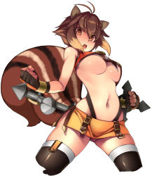 Rule 34 | 1girl, ahoge, animal ears, arc system works, arched back, blazblue, blazblue: continuum shift, breasts, brown eyes, brown hair, fingerless gloves, gloves, looking at viewer, makoto nanaya, midriff, miniskirt, navel, no bra, open mouth, orange skirt, revealing clothes, simple background, skirt, solo, squirrel ears, squirrel tail, tail, tama1130, thighhighs, tonfa, underboob, weapon, white background, zettai ryouiki