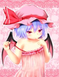 Rule 34 | 1girl, areola slip, bat wings, blue hair, blush, finger in own mouth, flat chest, hat, hat ribbon, highres, lingerie, looking at viewer, negligee, red eyes, remilia scarlet, rena (riries), ribbon, short hair, solo, touhou, underwear, wings