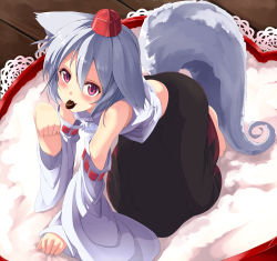 Rule 34 | 1girl, all fours, animal ears, barefoot, blush, chocolate, detached sleeves, fang, food, hat, heart, heart-shaped pillow, inubashiri momiji, mouth hold, noa (nagareboshi), paw pose, pillow, red eyes, short hair, silver hair, skirt, smile, solo, tail, tokin hat, touhou, valentine, wolf ears, wolf tail, wooden floor