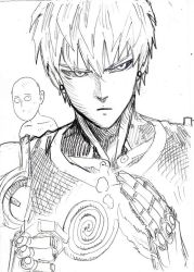 Rule 34 | 2boys, bald, black sclera, colored sclera, cyborg, earrings, fire, genos, greyscale, jewelry, male focus, md5 mismatch, monochrome, mosquito coil, multiple boys, murata yuusuke, one-punch man, resized, saitama (one-punch man), sketch