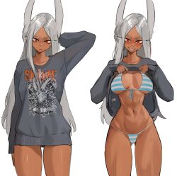 Rule 34 | 1girl, :o, abs, absurdres, animal ears, arm behind head, bikini, blush, boku no hero academia, breasts, clothes lift, dark-skinned female, dark skin, front-tie bikini top, front-tie top, gluteal fold, grey sweater, grin, highres, large breasts, lifted by self, long eyelashes, long hair, looking at viewer, mirko, multiple views, navel, parted bangs, parted lips, print sweater, rabbit ears, rabbit girl, raised eyebrow, red eyes, slipknot, smile, stomach, striped bikini, striped clothes, sweater, sweater lift, swimsuit, tefi blum, thighs, toned, underboob, very long hair, white background, white hair