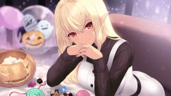 Rule 34 | 1girl, bad id, bad pixiv id, blonde hair, blurry, blurry background, cait aron, candle, candy, checkerboard cookie, commentary, cookie, elbow rest, food, hair between eyes, halloween, halloween bucket, head tilt, highres, hololive, indoors, interlocked fingers, leaning forward, lollipop, long hair, long sleeves, looking at viewer, pointy ears, red eyes, shiranui flare, smile, solo, swirl lollipop, virtual youtuber