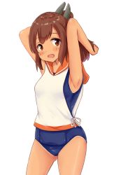 Rule 34 | 1girl, armpits, arms up, blouse, blue one-piece swimsuit, brown eyes, brown hair, cowboy shot, hair ornament, hairclip, highres, i-401 (kancolle), kaede shiroppu, kantai collection, looking at viewer, lying, one-piece swimsuit, one-piece tan, open mouth, orange sailor collar, ponytail, sailor collar, sailor shirt, shirt, simple background, sleeveless, sleeveless shirt, solo, swimsuit, swimsuit under clothes, tan, tanline, white background, white shirt