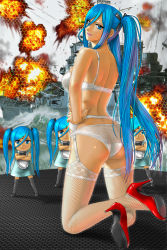 Rule 34 | 10s, 1girl, aoki hagane no arpeggio, ass, back, bare shoulders, battle, blue eyes, blue hair, bra, chibi, fishnets, from behind, full body, garter belt, hand on own hip, high heels, highres, kneeling, long hair, looking at viewer, looking back, matching hair/eyes, mole, mole under mouth, multiple persona, panties, personification, ship, shoe soles, shoes, solo, takao (aoki hagane no arpeggio), thighhighs, toten (der fuhrer), twintails, underwear, underwear only, very long hair, watercraft