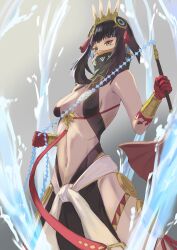 Rule 34 | 1girl, bare shoulders, black hair, black skirt, blood, blood on hands, blue hair, bracer, breasts, colored inner hair, detached collar, facepaint, fate/grand order, fate (series), feathers, grey eyes, halterneck, headdress, high collar, highres, inugami86, looking at viewer, multicolored hair, navel, pelvic curtain, sash, short hair, sidelocks, skirt, small breasts, solo, tassel, tenochtitlan (fate), tenochtitlan (first ascension) (fate), thighs, water, whip