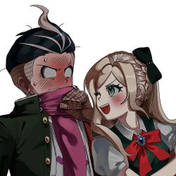 Rule 34 | 1boy, 1girl, :d, black bow, black hair, black jacket, blush, bow, bowtie, braid, commentary request, danganronpa (series), danganronpa 2: goodbye despair, dress, earrings, gem, green dress, grey hair, grey shirt, hair bow, jacket, jewelry, jilong (eksrks99), long hair, looking at another, multicolored hair, open clothes, open jacket, open mouth, pink scarf, puffy short sleeves, puffy sleeves, red bow, red bowtie, scarf, shirt, short sleeves, simple background, smile, sonia nevermind, sweat, tanaka gundham, teeth, two-tone hair, upper body, upper teeth only, white background