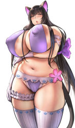 Rule 34 | 1girl, animal ears, areola slip, black hair, blush, breasts, brown eyes, cat ears, cat tail, cleavage, covered erect nipples, curvy, highres, huge breasts, large areolae, long hair, looking at viewer, navel, open mouth, pepe (jonasan), solo, standing, tagme, tail, thick thighs, thighs
