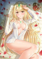 Rule 34 | 1girl, absurdres, alternate costume, ass, bed, bed sheet, bedroom, blonde hair, blush, bottomless, breasts, buttons, character doll, cleavage, collarbone, collared shirt, commentary request, doll, dress shirt, eyelashes, fingernails, from above, gem, hair between eyes, hair ornament, headpiece, highres, indoors, jewelry, ken-san, large breasts, long fingernails, long hair, long sleeves, looking at viewer, lying, mythra (xenoblade), nail polish, naked shirt, nintendo, on back, on bed, parted lips, petals, pillow, pink nails, shirt, solo, swept bangs, thighs, tiara, very long hair, white shirt, wing collar, xenoblade chronicles (series), xenoblade chronicles 2